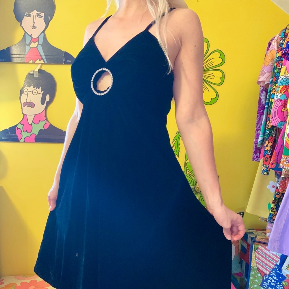 Vintage 50s 60s black velvet cut out dress M